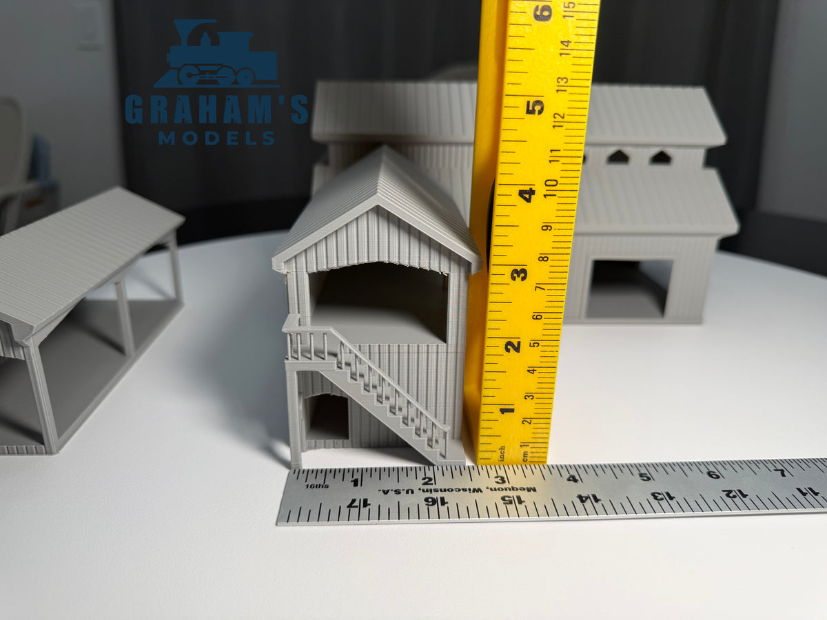 HO Scale Sawmill Lumber Yard model by Graham’s Models, preassembled and built, with detailed lumber yard scene in 1:87 gauge.