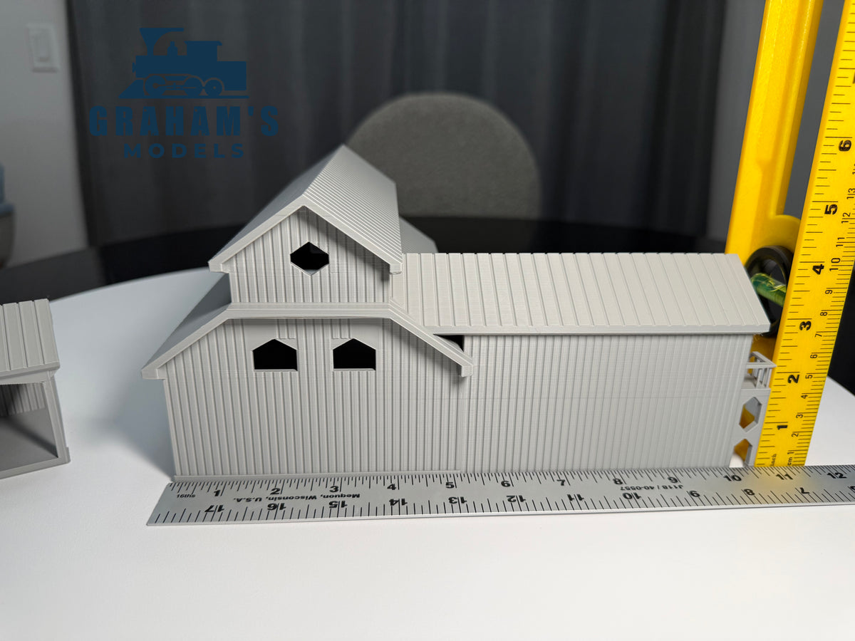 HO scale sawmill lumber yard model by Graham’s Models, preassembled and built for 1:87 gauge model train setups.